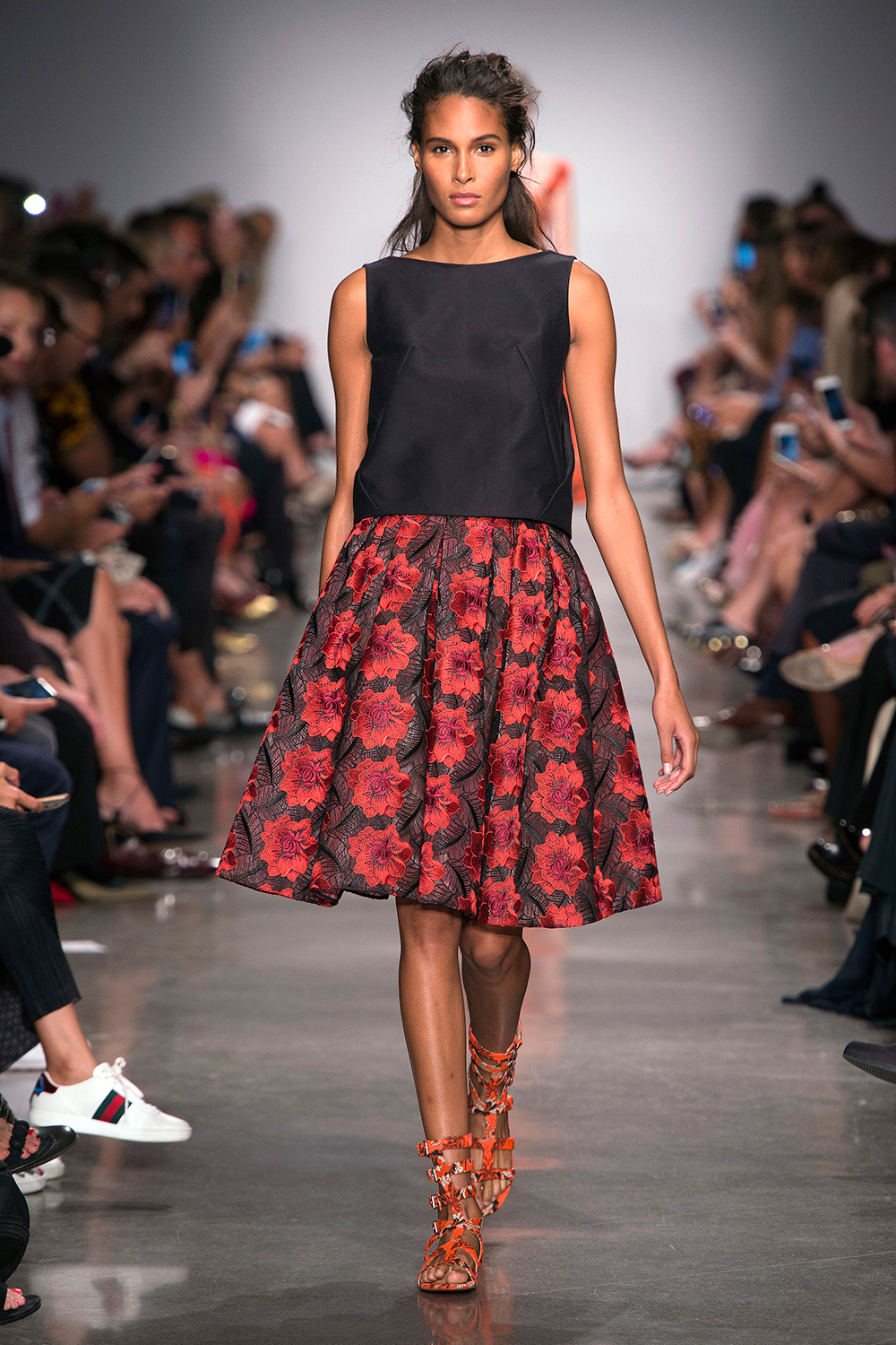 Look 5: Red and Black Floral Skirt with Black Top