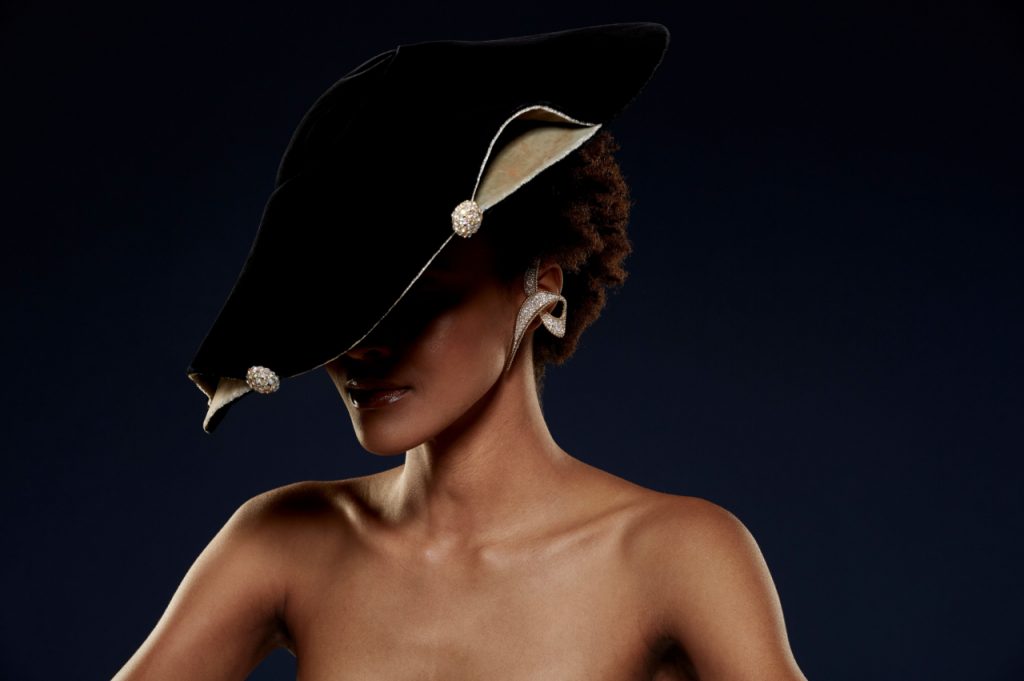 Tiina Smith Jewelry x Michelle Finamore Exhibition - Pierre Sterlé Gold and Diamond Brooch (circa 1950s) and Tatiana du Plessix for Saks Fifth Avenue Silk Velvet Hat with Rhinestone Accents (circa 1948).