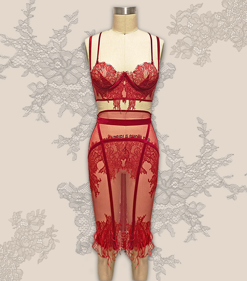Sheer illusion bra & control-slip skirt w/ applique lace by Chelsea Vega - @vivalavega__, FIT - Fashion Design BFA '20.