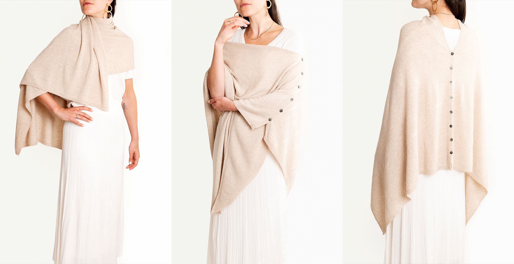 Multiple Ways to Wear Knüg's Cashmere Button Wrap - Fashion Trendsetter