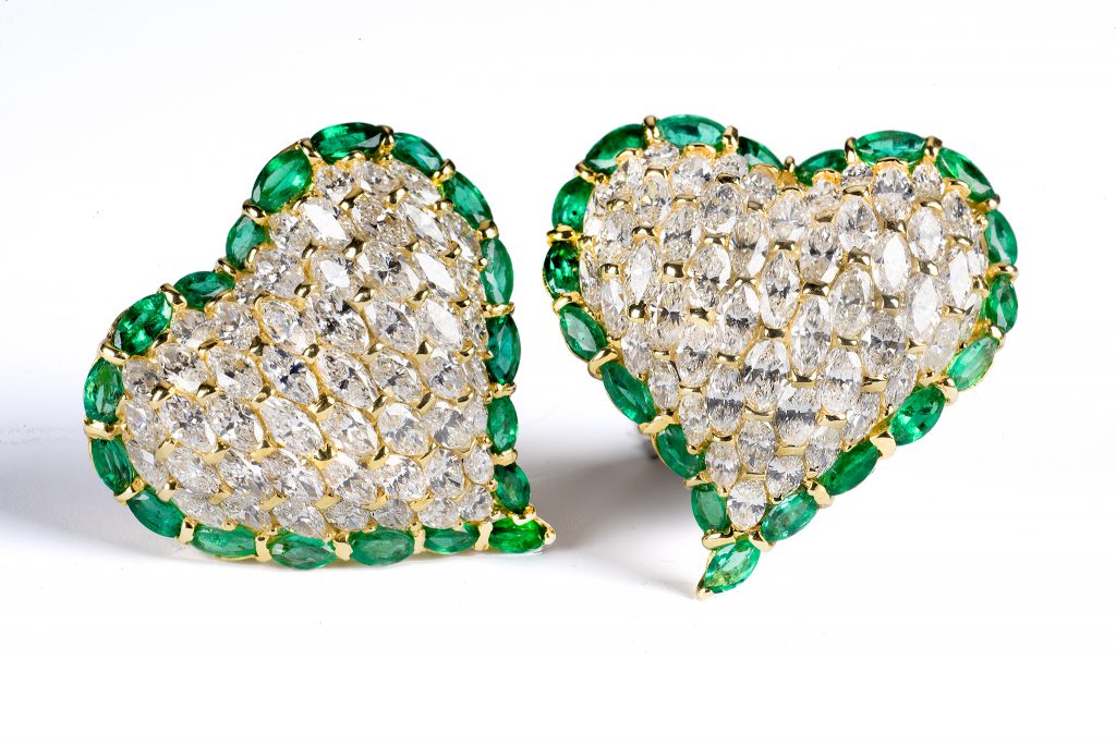 Tiina Smith Jewelry x Michelle Finamore Exhibition - Moussaieff One of a Kind Diamond & Emerald Heart Earrings.