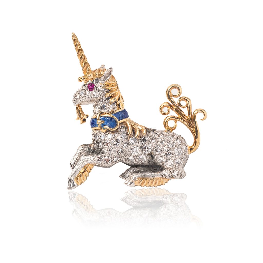 Tiina Smith Jewelry x Michelle Finamore Exhibition - Schlumberger for Tiffany & Co. Diamond, Lapis & Ruby Unicorn Lapel Pin.