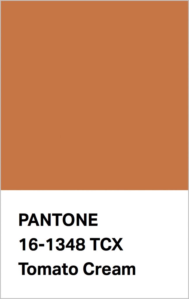 PANTONE 16-1348 Tomato Cream: Tomato Cream is a buttery brown that warms the heart.