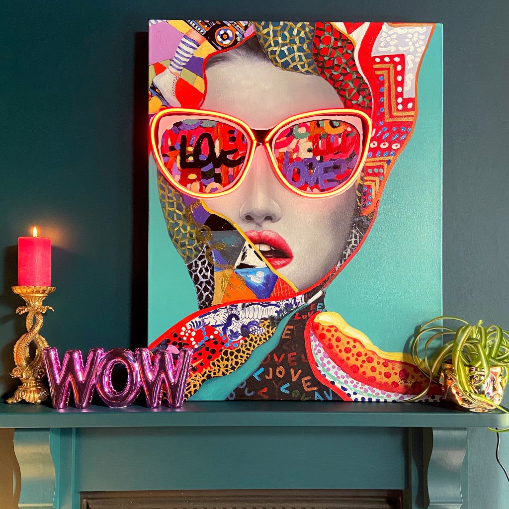 Gianna LED Neon Canvas Art, Ornate Leaping Fish Candle Holder, WOW Balloon Ornament & Wall Décor and all-seeing Gold Faces Plant Pot. 