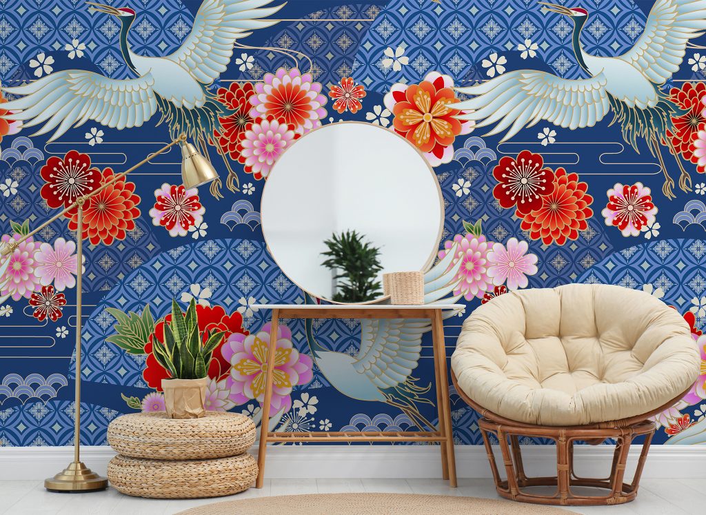 Hypnotic Cranes and Flowers Mural available at Wallsauce.com