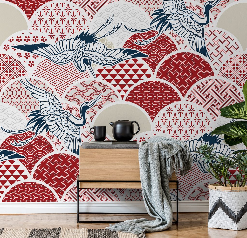 Oriental Red and White Pattern Mural available at Wallsauce.com