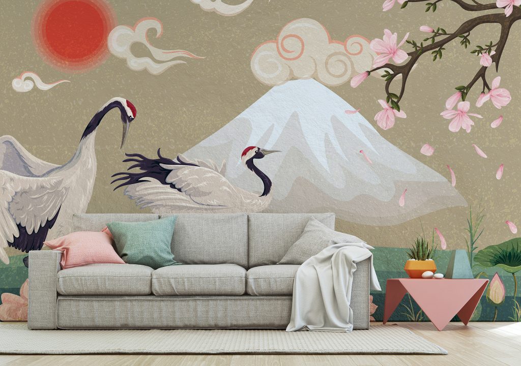 The Cranes Of Mount Fuji Mural available at Wallsauce.com