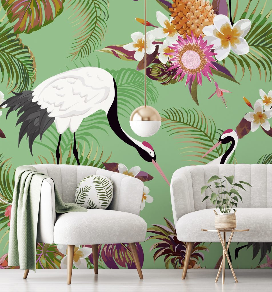 Tropical Green Cranes Mural available at Wallsauce.com