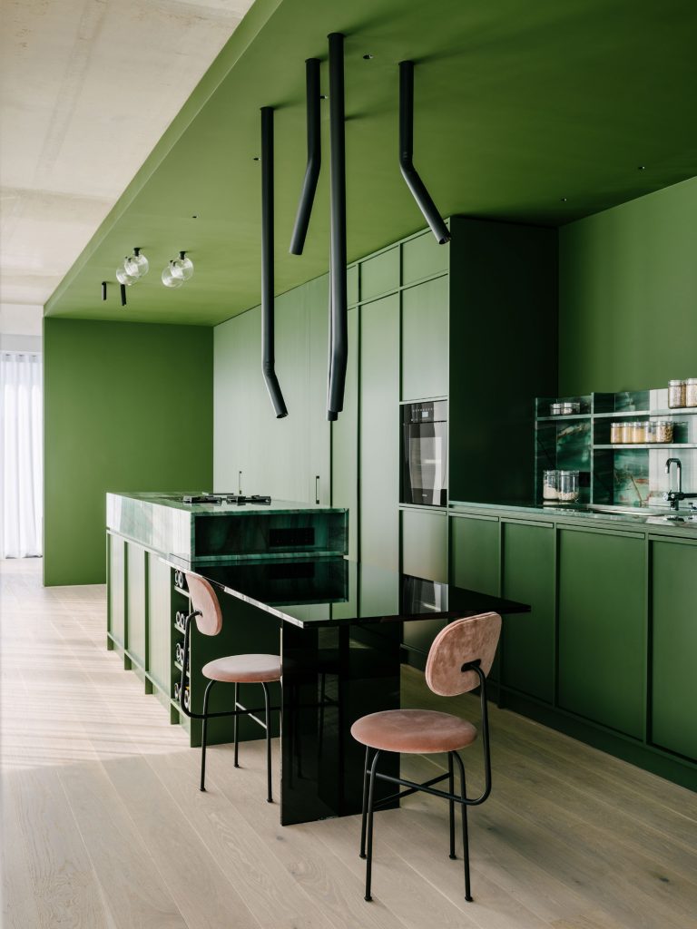 The kitchen takes up one of the long sides of the green box (hidden within is also a roll-out modular sauna!). Photo ©Robert Rieger, Courtesy of Ester Bruzkus Architekten.