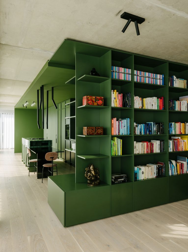 The green box; view from the edge of the Living Area bookshelf into the kitchen. The effect of the apartment is a study in contrasts: a mix of efficient planning with exuberant materials and colors and textures: - all between planes of cool concrete. Photo ©Robert Rieger, Courtesy of Ester Bruzkus Architekten.