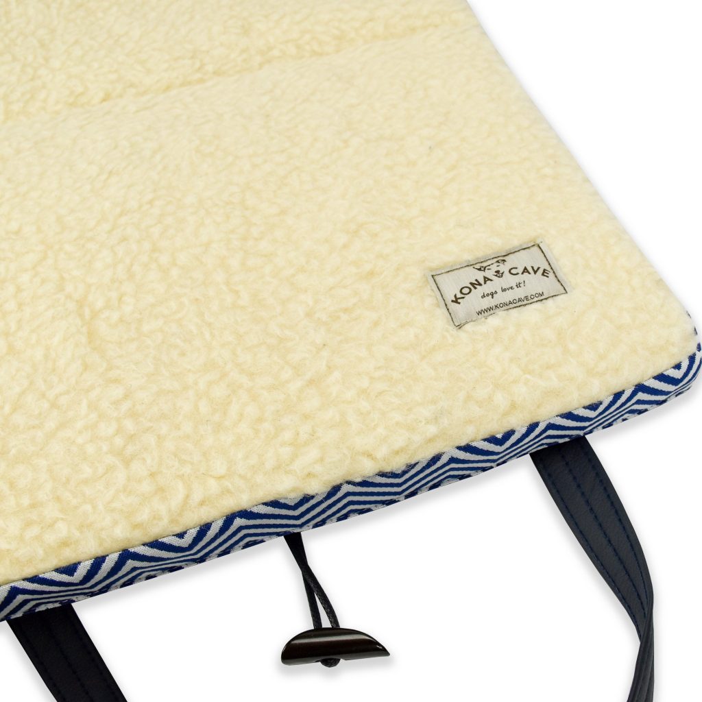 KONA CAVE® Nautical Travel Dog Bed - Blue Wave with Real Wool Lining.