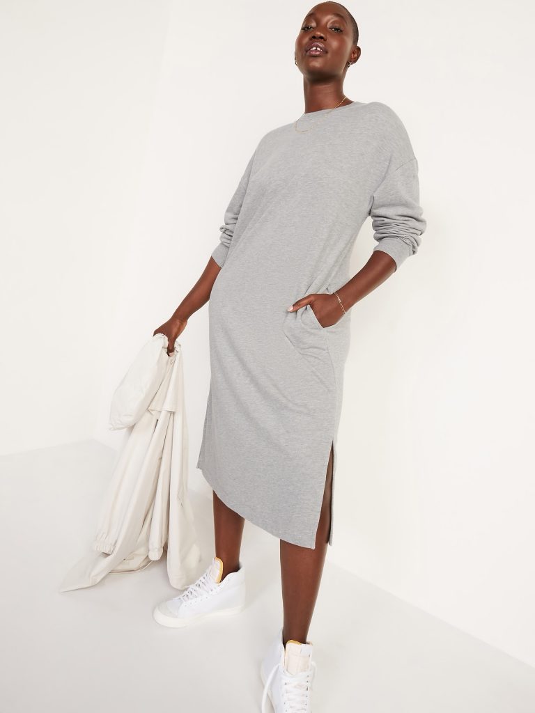 French-Terry Sweatshirt Midi Shift Dress for Women.