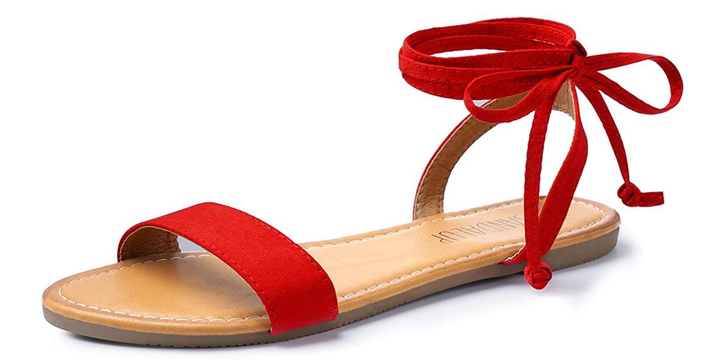 SANDALUP Tie up Ankle Strap Flat Sandal - Red.