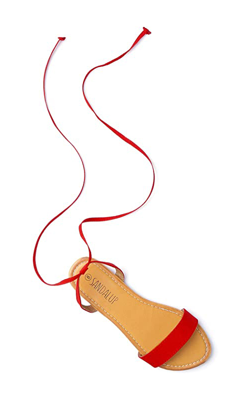 SANDALUP Tie up Ankle Strap Flat Sandal - Red.