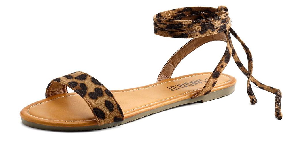 SANDALUP Tie up Ankle Strap Flat Sandals for Women - Leopard