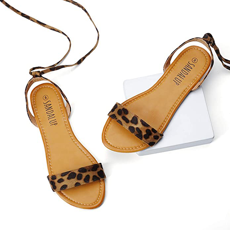 SANDALUP Tie up Ankle Strap Flat Sandals for Women - Leopard