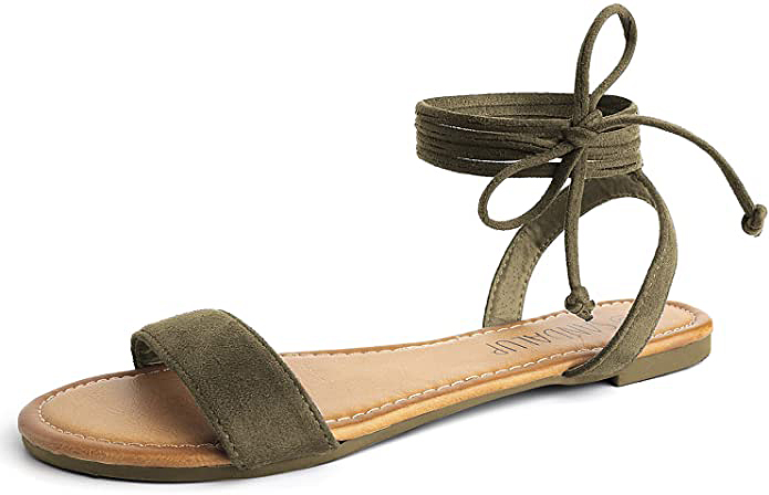 SANDALUP Tie up Ankle Strap Flat Sandal - Khaki Green