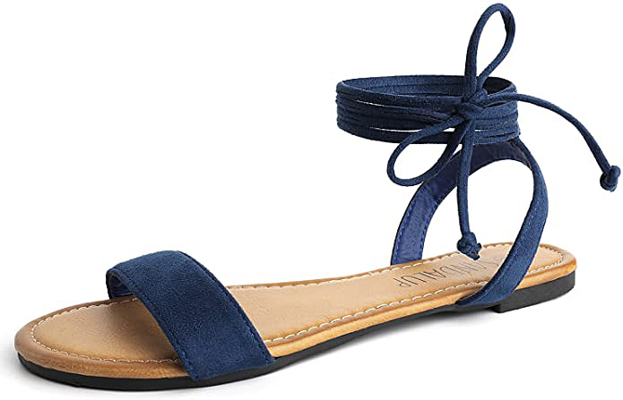 SANDALUP Tie up Ankle Strap Flat Sandal - Navy Blue