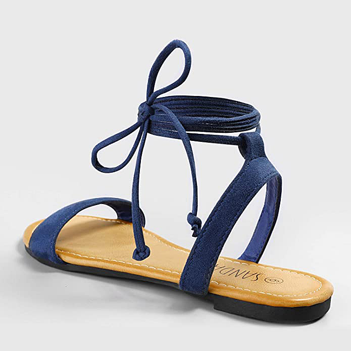 SANDALUP Tie up Ankle Strap Flat Sandal - Navy Blue