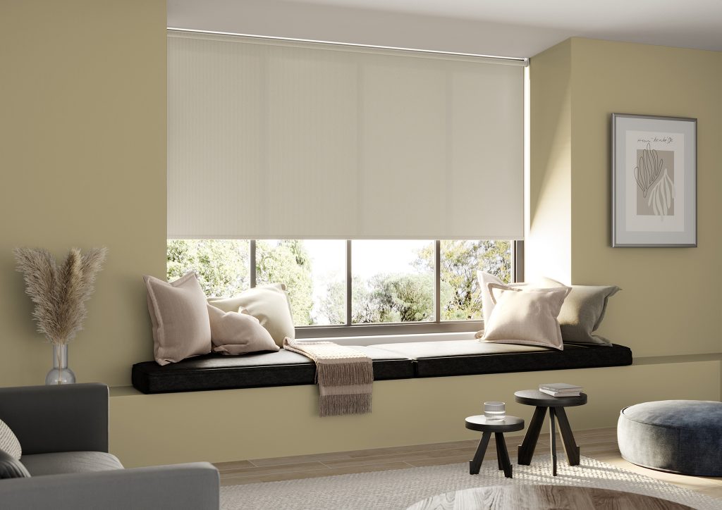 Andorra Cashmere Roller Blind Make My Blinds' elegant Andora cashmere roller blind is the perfect choice for living spaces. The textured fabric has been woven beautifully to allow soft filtration of light while providing privacy. The warm hue is a lovely match against Dulux Wild Wonder walls.