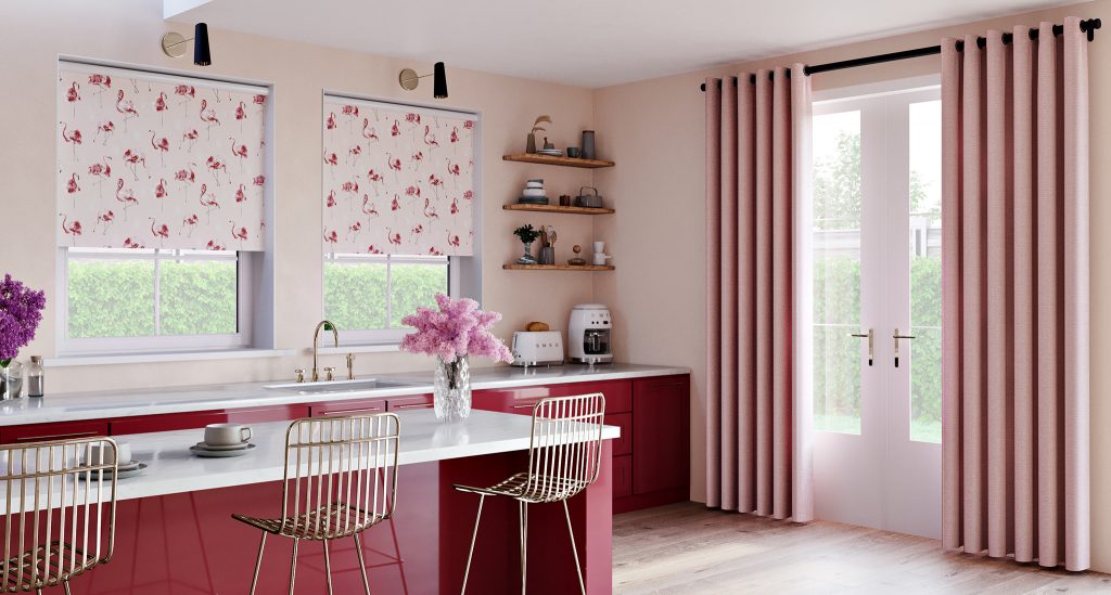 Flamingo Flock A distinctive and original roller blind, Make My Blinds' pink flamingo roller blinds will bring fun to your windows. Choose from a light filtering, blackout or waterproof fabric to get the best option for your room. Pair with Panama Rose Pink Curtains, available with an eyelet or pencil pleat heading.