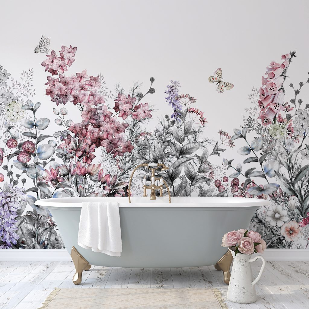 Pink and Grey Meadow Wallpaper Mural Available at Wallsauce.com