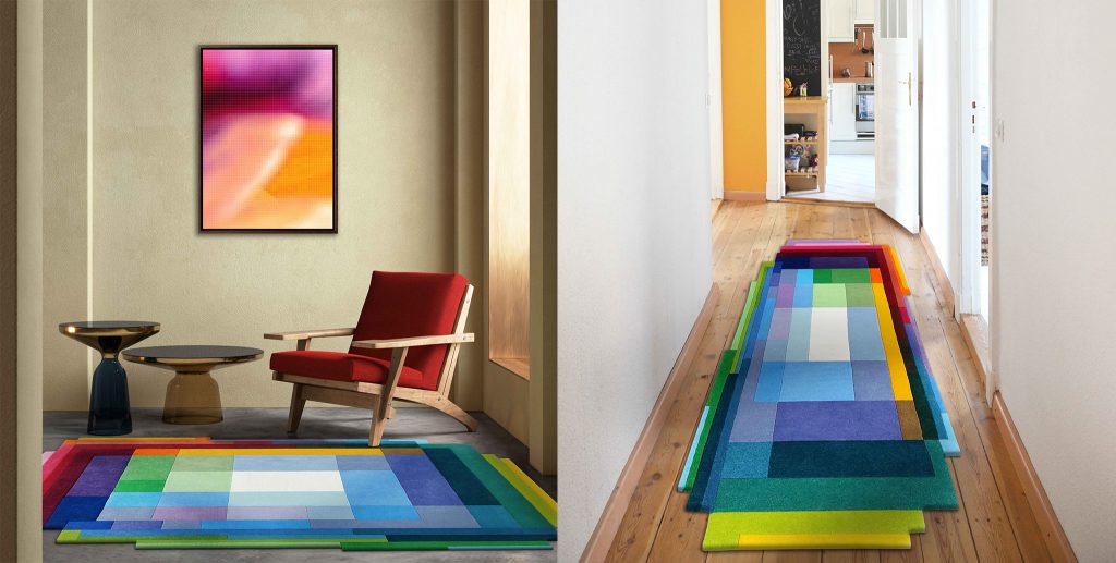 The Chromatic Pixels Rug (left) and Runner (right) by Sonya Winner Rug Studio.