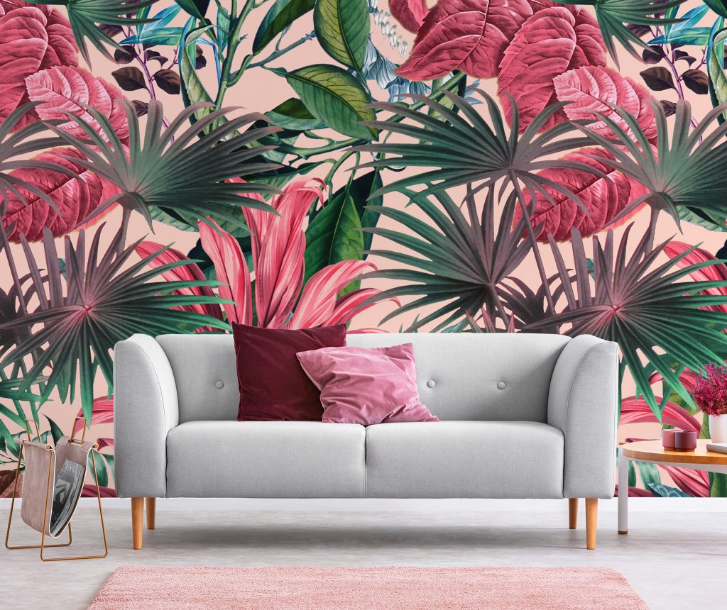 Pink Jungle Wallpaper Mural by Burcu Korkmazyurek available at Wallsauce.com
