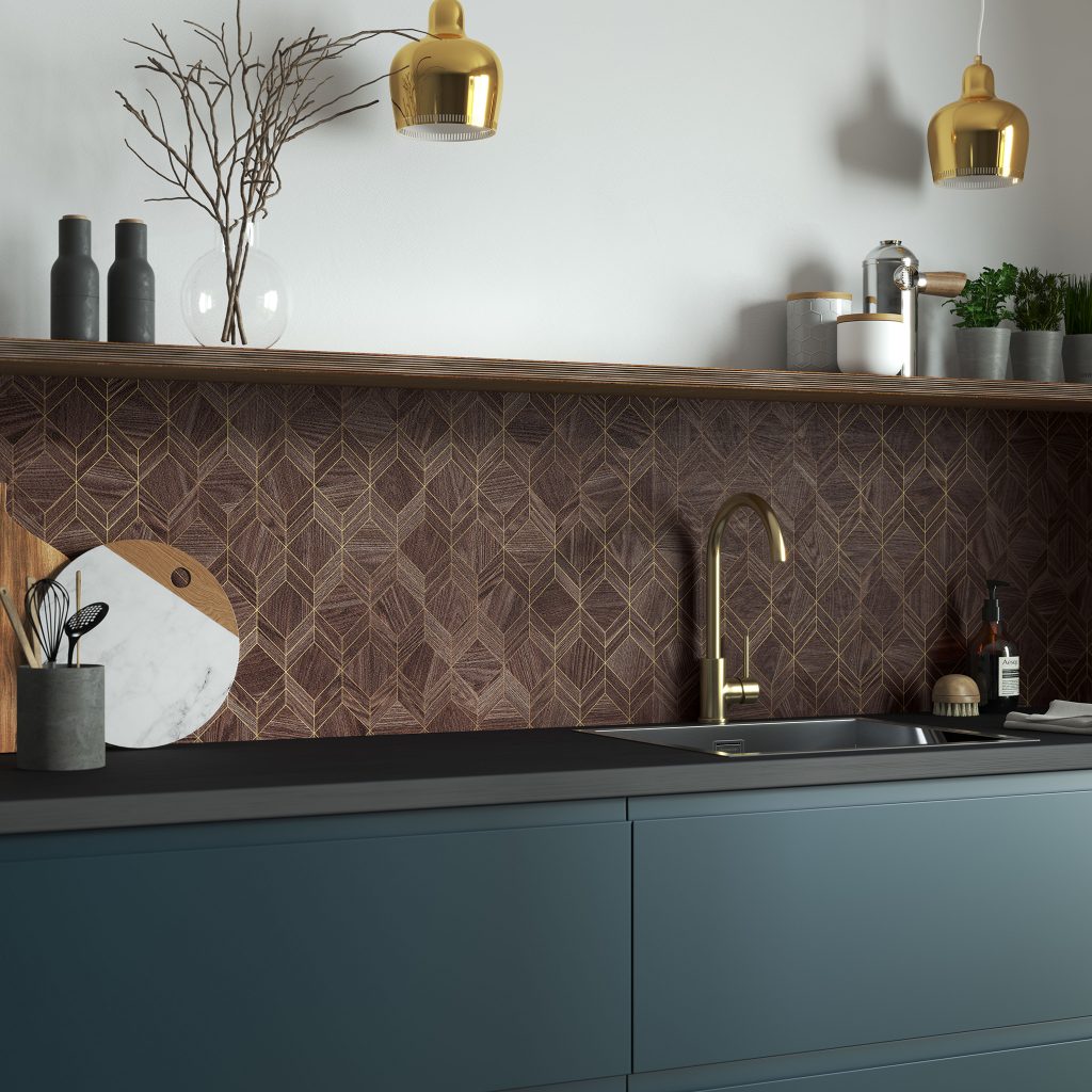 Heritage Walnut Alloy Splashback Nagoshi Pine
A beautiful combination of classic wood and contemporary geometry, Heritage Walnut is a splashback with a geometric pattern in gold (effect), over a warm timber backdrop. The result is a statement alternative to a tiled splashback with fascinating depth; a beautiful nod to mid-century influences. Transform your kitchen with the new rich natural textures of the Alloy Decor Range.