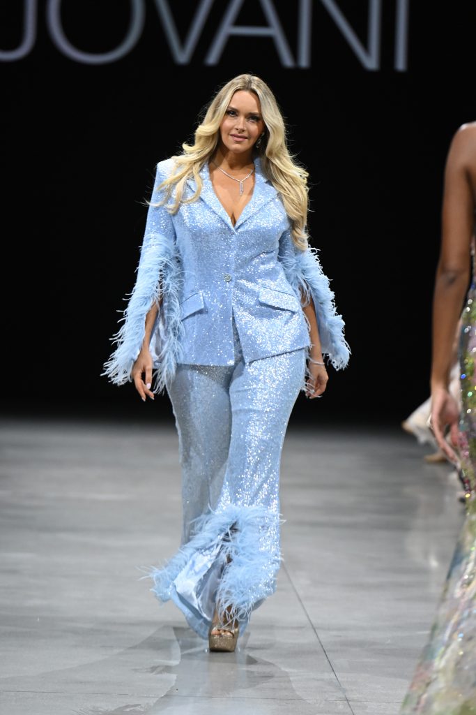 NEW YORK - SEPTEMBER 08: A model walks the runway during the JOVANI NYFW SS2024 Show at The Glasshouse on September 08, 2023 in New York City. (Photo by Noam Galai/Getty Images for JOVANI Fashion)