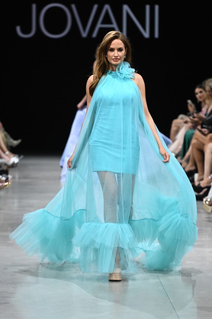 NEW YORK - SEPTEMBER 08: A model walks the runway during the JOVANI NYFW SS2024 Show at The Glasshouse on September 08, 2023 in New York City. (Photo by Noam Galai/Getty Images for JOVANI Fashion)