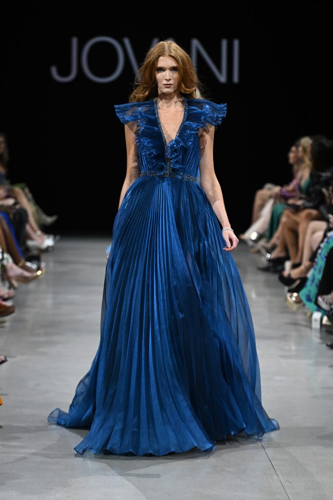 NEW YORK - SEPTEMBER 08: A model walks the runway during the JOVANI NYFW SS2024 Show at The Glasshouse on September 08, 2023 in New York City. (Photo by Noam Galai/Getty Images for JOVANI Fashion)