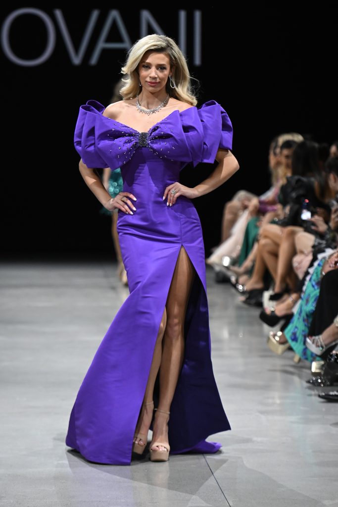 NEW YORK - SEPTEMBER 08: A model walks the runway during the JOVANI NYFW SS2024 Show at The Glasshouse on September 08, 2023 in New York City. (Photo by Noam Galai/Getty Images for JOVANI Fashion)