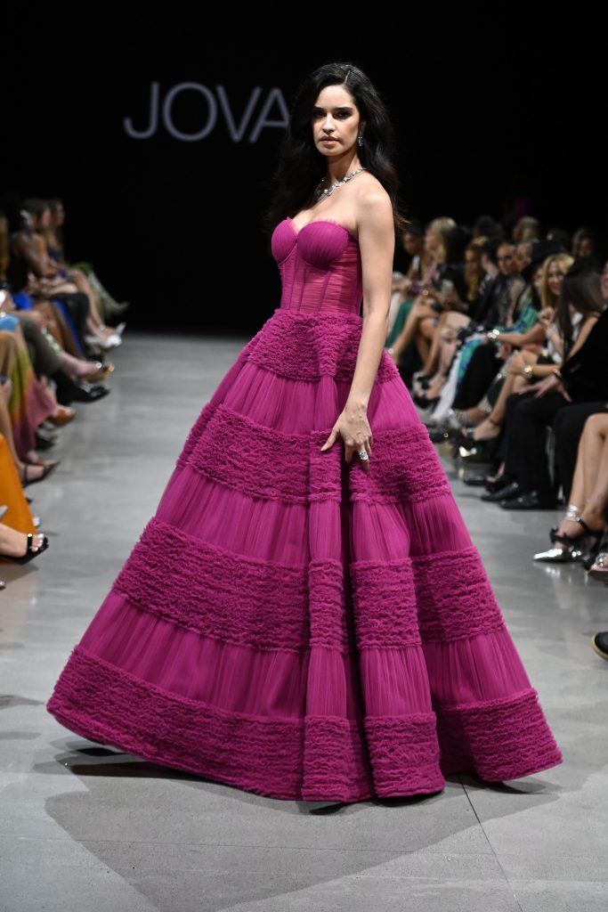 NEW YORK - SEPTEMBER 08: A model walks the runway during the JOVANI NYFW SS2024 Show at The Glasshouse on September 08, 2023 in New York City. (Photo by Noam Galai/Getty Images for JOVANI Fashion)