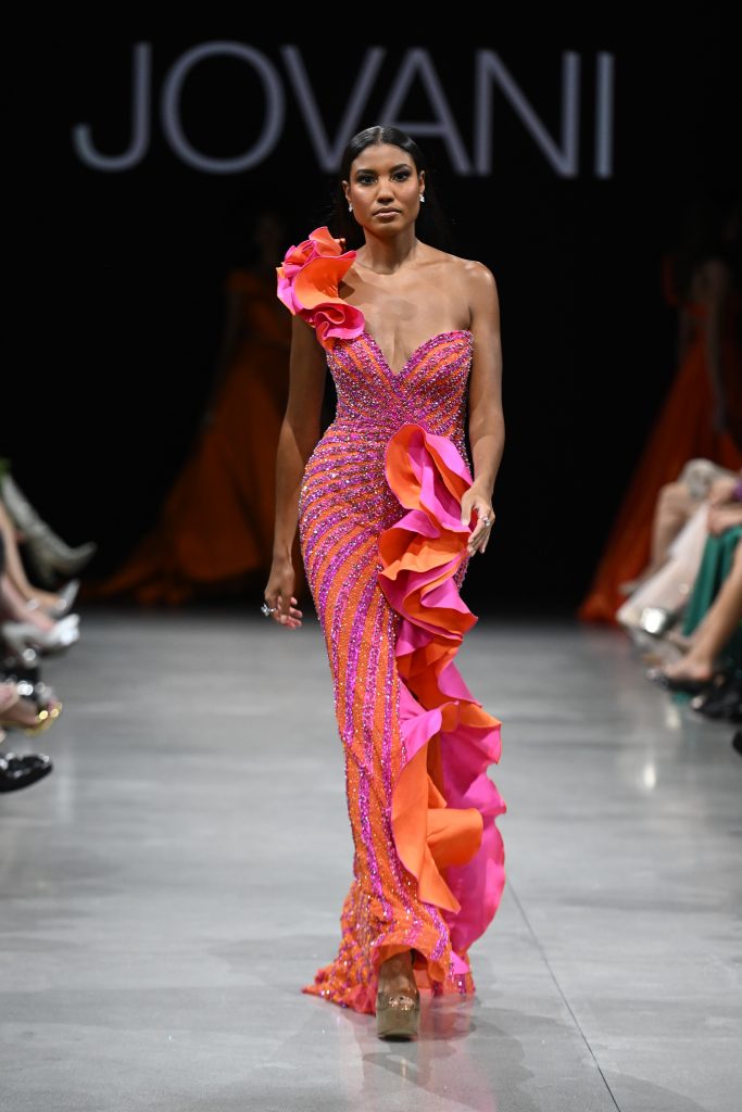 NEW YORK - SEPTEMBER 08: A model walks the runway during the JOVANI NYFW SS2024 Show at The Glasshouse on September 08, 2023 in New York City. (Photo by Noam Galai/Getty Images for JOVANI Fashion)