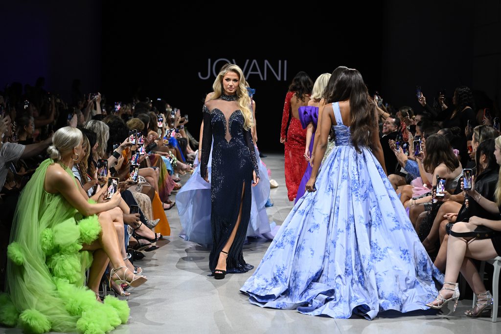 NEW YORK - SEPTEMBER 08: Models walk the runway during the JOVANI NYFW SS2024 Show at The Glasshouse on September 08, 2023 in New York City. (Photo by Noam Galai/Getty Images for JOVANI Fashion)