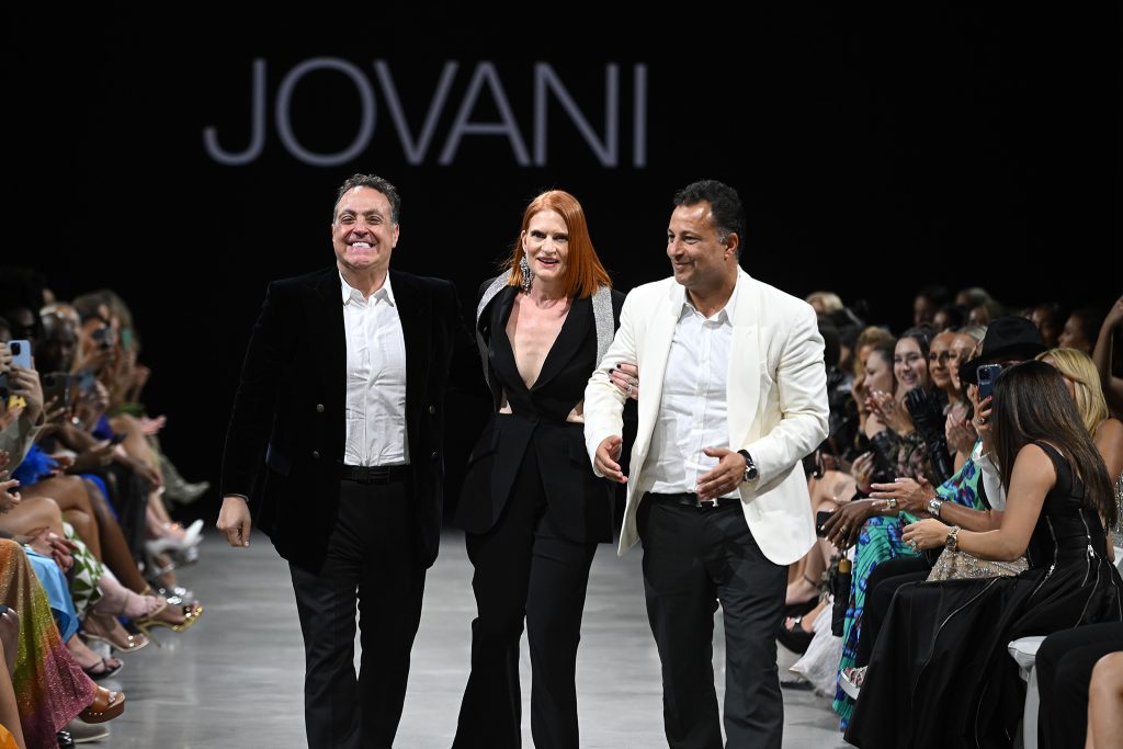 NEW YORK - SEPTEMBER 08: (L-R) Abraham Maslavi, Julie DuRocher, and Saul Maslavi walk the runway during the JOVANI NYFW SS2024 Show at The Glasshouse on September 08, 2023 in New York City. (Photo by Noam Galai/Getty Images for JOVANI Fashion)