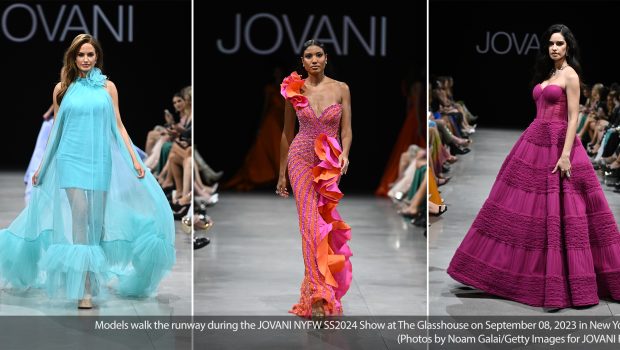 Models walk the runway during the JOVANI NYFW SS2024 Show at The Glasshouse on September 08, 2023 in New York City. (Photo by Noam Galai/Getty Images for JOVANI Fashion)