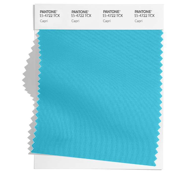 PANTONE 15-4722 Capri TCX: Vibrant Capri is a bright blue hue reminiscent of the azure colored waters of the blue grotto.