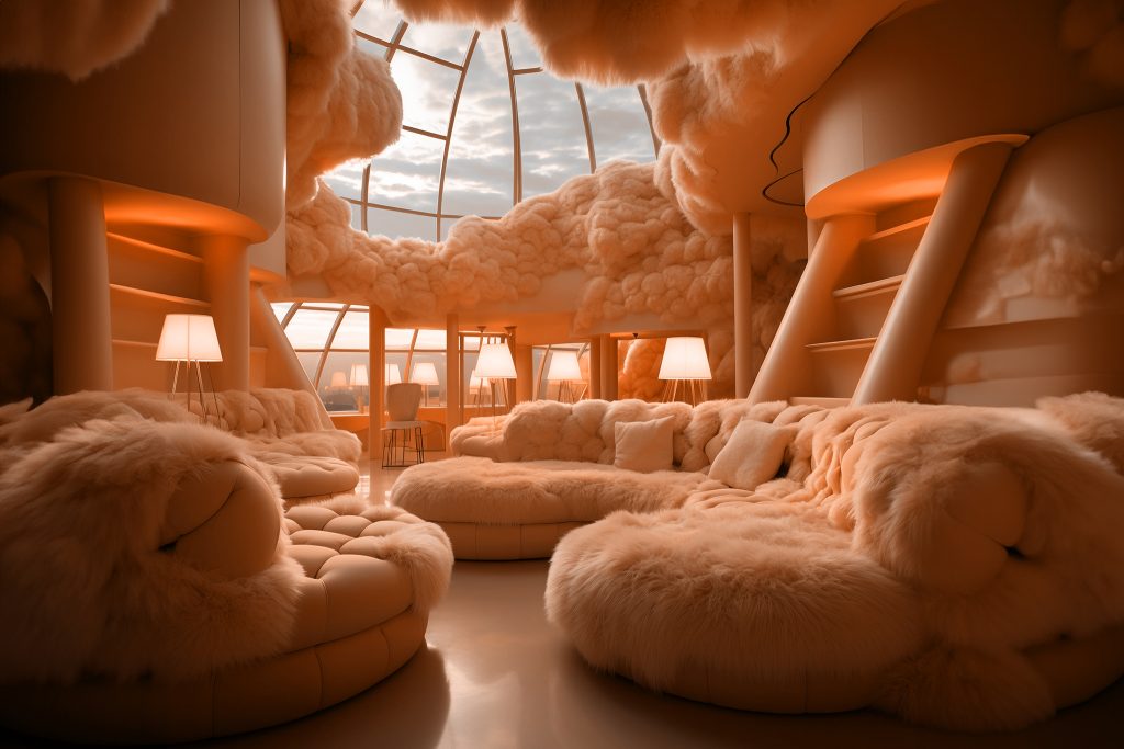 PANTONE® Color Of The Year 2024 13-1023 Peach Fuzz - Categories Place Fuzzy Comfy Hotel Lobby. Image courtesy of Pantone.
