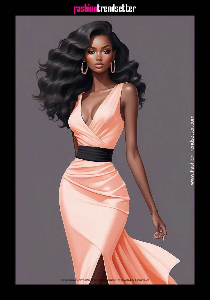 Fashion AI Collection II: Inspired by Color of the Year 2024 Pantone 13-1023 Peach Fuzz.

Black woman fashion illustration.

Designed by Senay GOKCEN for Fashion Trendsetter, Powered by Leonardo AI. 

Image © Senay GOKCEN