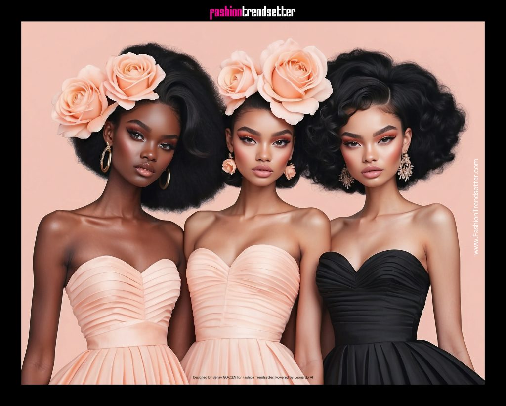 Fashion AI Collection II: Inspired by Color of the Year 2024 Pantone 13-1023 Peach Fuzz.

Black women fashion illustration.

Designed by Senay GOKCEN for Fashion Trendsetter, Powered by Leonardo AI. 

Image © Senay GOKCEN