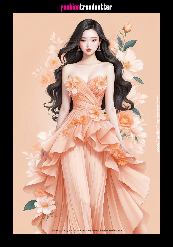 Fashion AI Collection III: Inspired by Color of the Year 2024 Pantone 13-1023 Peach Fuzz.

Designed by Senay GOKCEN for Fashion Trendsetter, Powered by Leonardo AI. 
Image © Senay GOKCEN