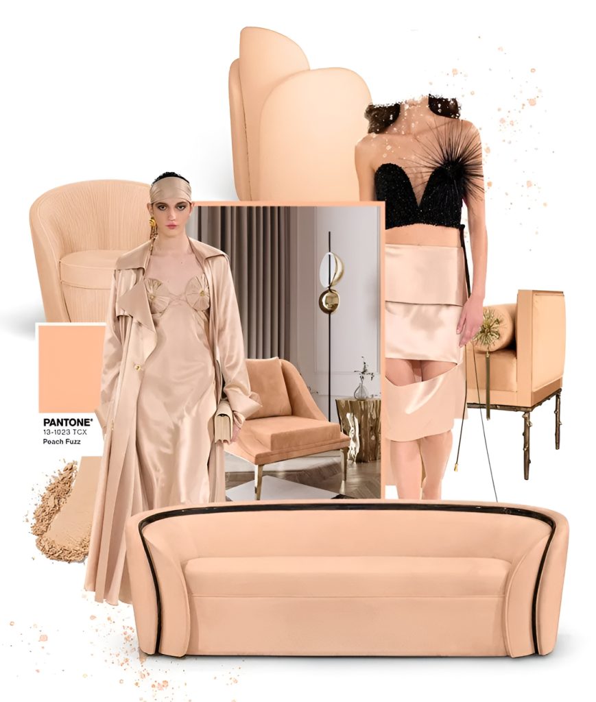 KOKET Peach Fuzz | Moodboard Pantone 2024 Color of The Year
 A soft hue nestled between pink and orange. Discover the Pantone 2024 Color Of The Year: Peach Fuzz. Just reading these words brings warm and fuzzy feelings. As lovers of timeless design and Art Deco glamour, KOKET and Peach Fuzz are a match made in heaven. Dressed in Peach Fuzz, KOKET's stunning upholstery brings a sense of warm fun and timeless sophistication to any interior!