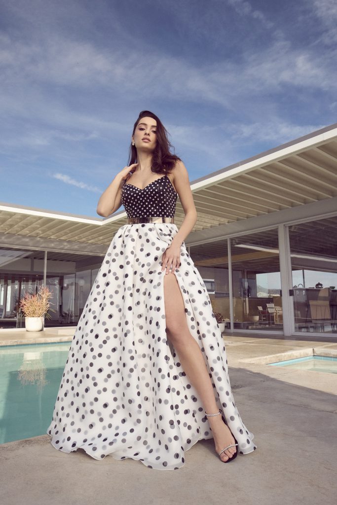 Azazie Atelier Collection - Gwen Black and White Polka Dot Contrast Gown