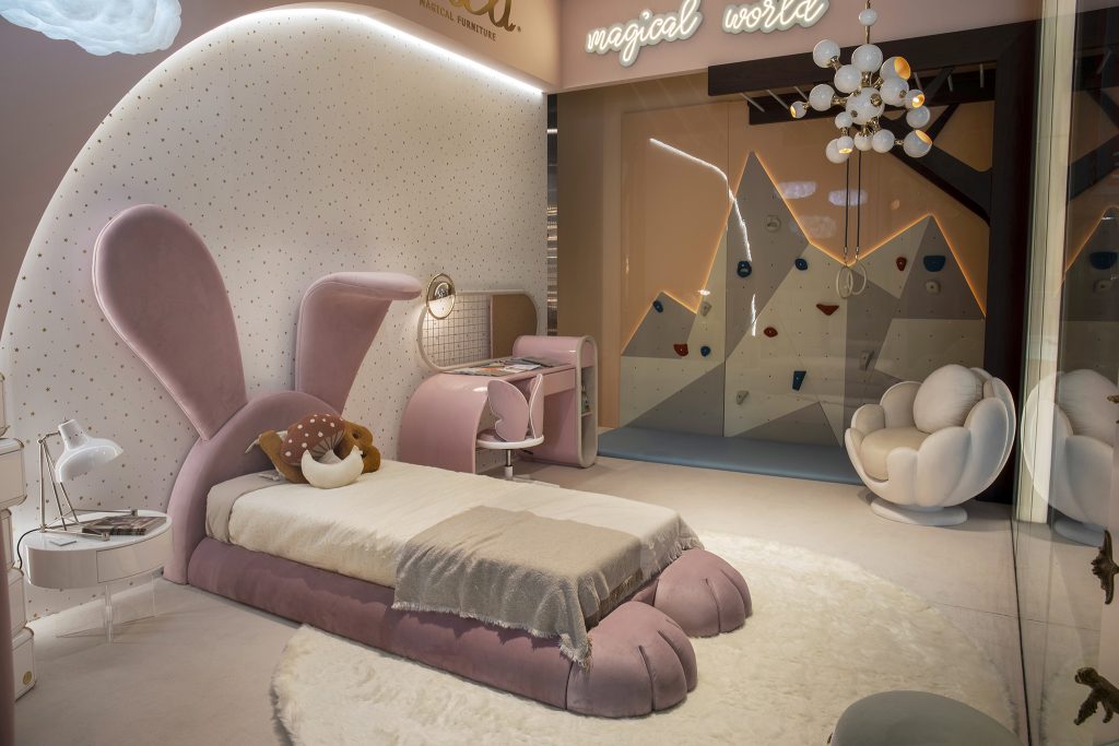 Circu Magical Furniture - Mr. Bunny Bed, Cloud Nightstand,  Bubble Gum Desk, Pixie Office Chair and Periwinkle Wall Lamps.

Photo courtesy of Circu Magical Furniture.