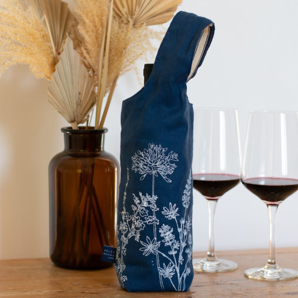 Helen Round Navy Linen Bottle Bag from the Garden Collection.