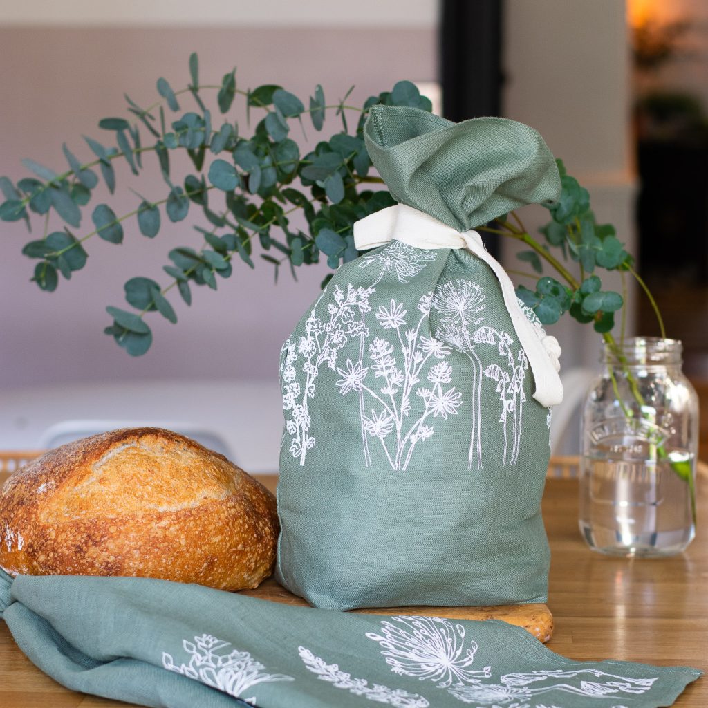 Sage Green Linen Bread Bag from the Garden Collection by Helen Round.