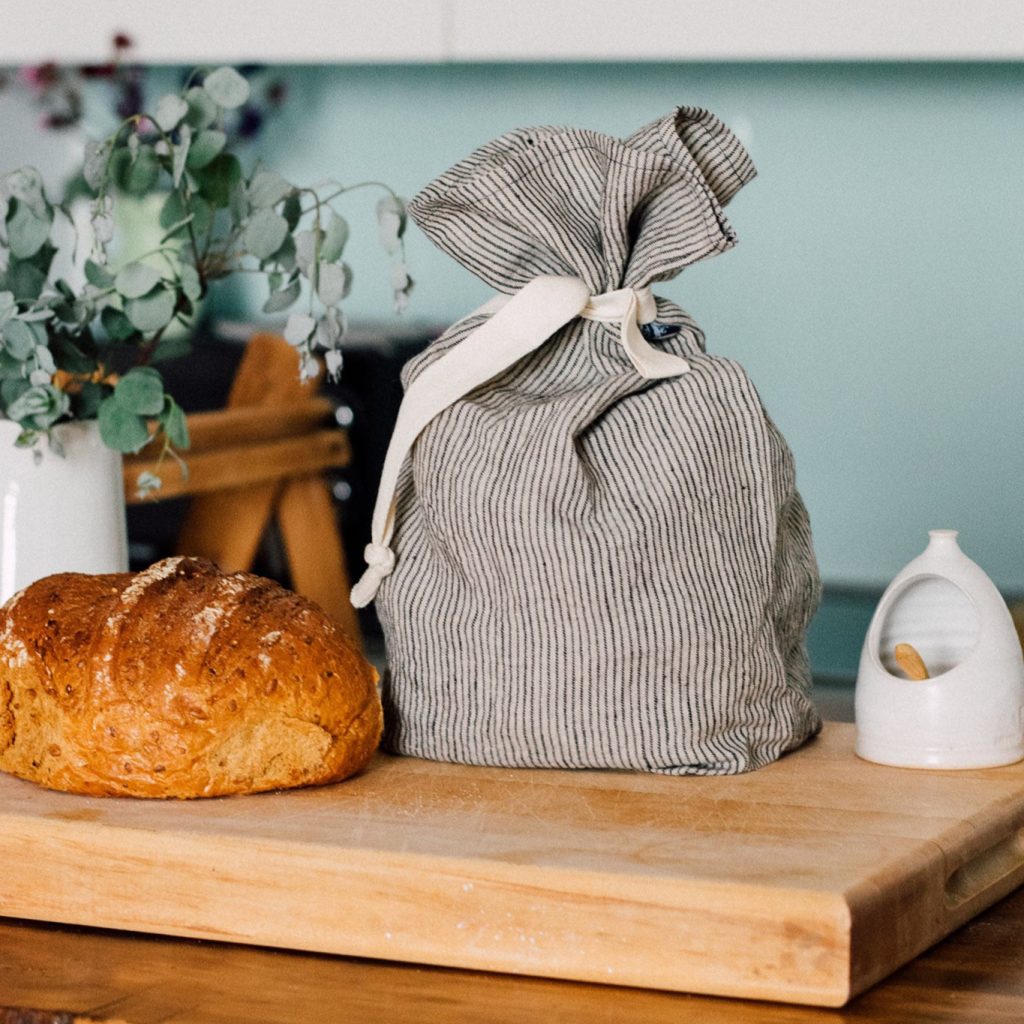 Striped Linen Bread Bag With Dark Blue/Natural Stripes.