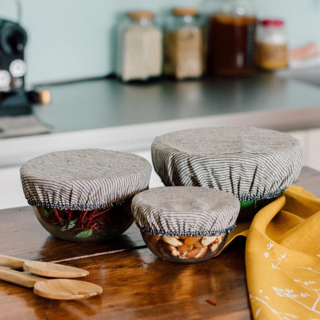 Striped Reusable Linen Bowl Covers Dark Blue and Natural Stripes.